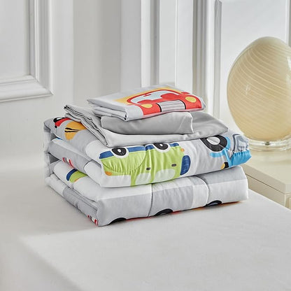 White Gray Toddler Bedding Set for Boys Girls Colorful Cars Vehicle Auto Fire Engine Bulldozer 4PC Toddler Bed Set - Soft Cute Toddler Plaid Patchwork Bed in a Bag with Sheet Set and Pillow Shams