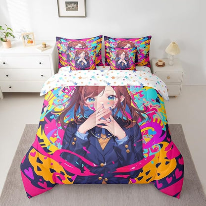 Erosebridal Anime Girl Queen Bedding Set 7 Piece, Japanese Anime Comforter Set for Kids Girls Teens Adult Bedroom, Cartoon Girl Comforter Sets with Sheet Kawaii Japanese Animation Bed in A Bag