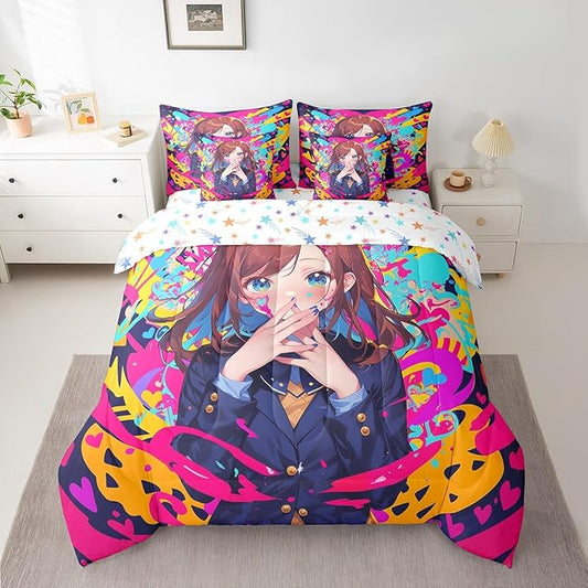 Erosebridal Anime Girl Queen Bedding Set 7 Piece, Japanese Anime Comforter Set for Kids Girls Teens Adult Bedroom, Cartoon Girl Comforter Sets with Sheet Kawaii Japanese Animation Bed in A Bag