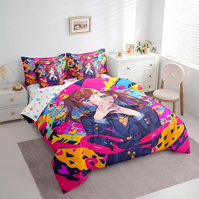 Erosebridal Anime Girl King Bedding Set 7 Piece, Japanese Anime Comforter Set for Kids Girls Teens Adult Bedroom, Cartoon Girl Comforter Sets with Sheet Kawaii Japanese Animation Bed in A Bag