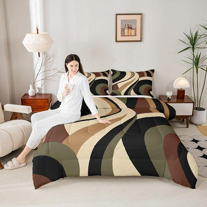 Green Brown Spiral Bedding Full Size for Adult Women Men Modern Swirls Stripes Abstract Comforter for Minimalists Boho Aesthetic Geometric Bed Sets Graffiti Art Lines Quilt Duvet Insert