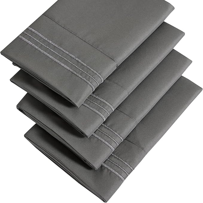 YIYEA Pillow Cases Queen Size Set of 4, Ultra Soft 1800TC Hotel Quality Double Brushed Microfiber Embroidered Pillowcases, Envelope Closure, Fade Resistant (20"x30", Dark Grey)