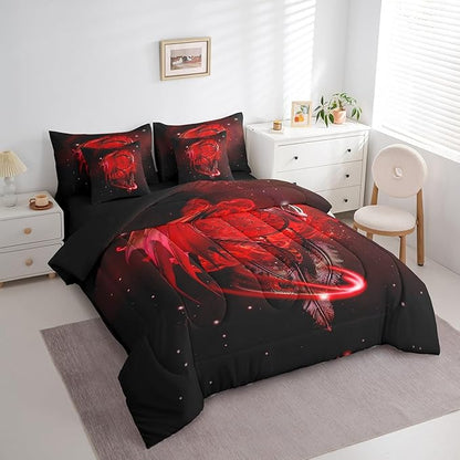 Erosebridal Gothic Dragon Dream Catchers Bed in a Bag Queen Comforter Set 7 Piece,Red Galaxy Bohemian Feather Bedding Sets Antique Animal Pterosaur Sheet Set with Comforter