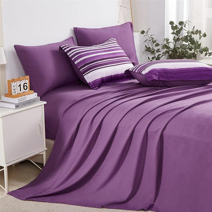 KAKIJUMN 7 Piece Bed in a Bag Stripe Comforter Set Full Size, White and Purple Patchwork Striped Comforter and Sheet Set, All Season Soft Microfiber Complete Bedding Sets(Purple,Full)