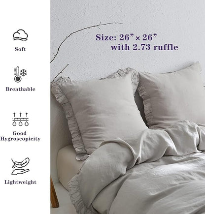 Simple&Opulence 100% Linen Euro Sham Covers with Ruffle, 26x26 Inch Pillow Covers Set of 2, Euro Pillow Shams for Bed Couch French Home Decor Luxury and Breathable Square Pillow Cases, Light Grey