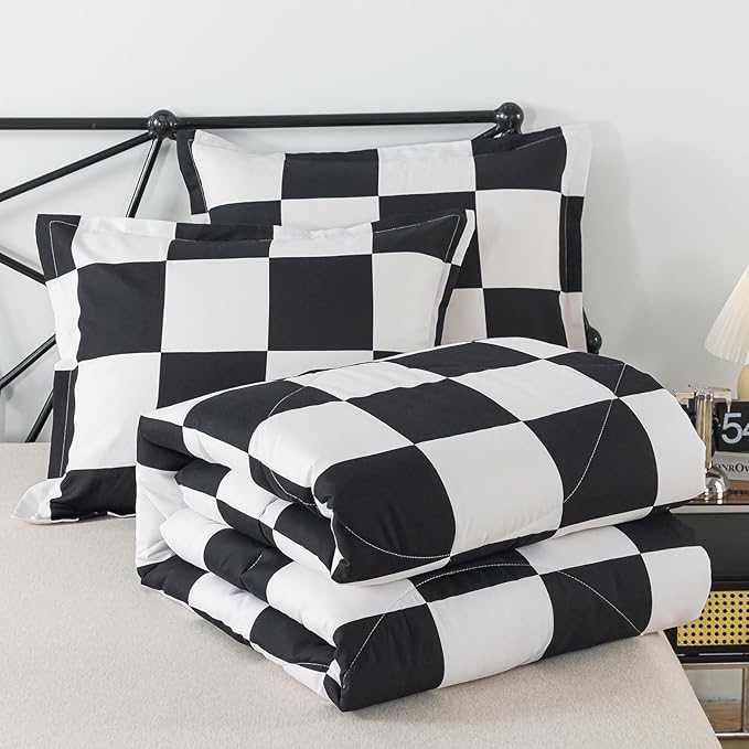 Caressma Black White Plaid Comforter Set, Buffalo Checkered Comforter Bedding Set Twin Size for All Seasons, Farmhouse Soft Microfiber Comforter with Pillowcase