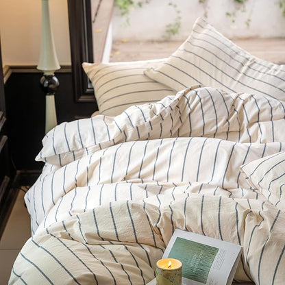 LifeTB Striped Duvet Cover Set Queen 100% Washed Cotton Beige Duvet Cover with Grey Stripes Pattern Printed Comforter Cover 3 Pieces Striped Bedding Queen Comforter Cover with Zipper Closure