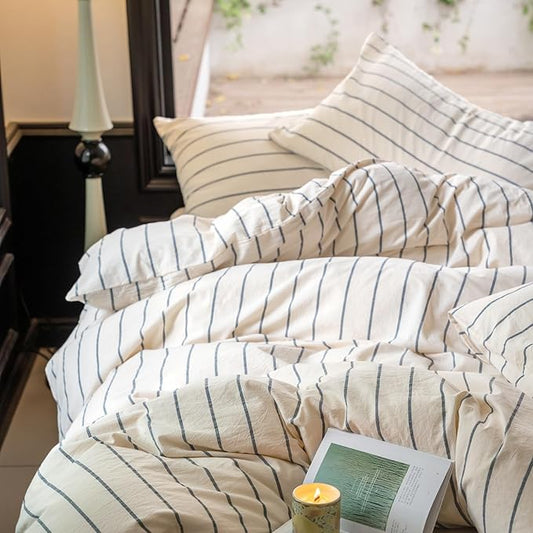 LifeTB Striped Duvet Cover Set Queen 100% Washed Cotton Beige Duvet Cover with Grey Stripes Pattern Printed Comforter Cover 3 Pieces Striped Bedding Queen Comforter Cover with Zipper Closure
