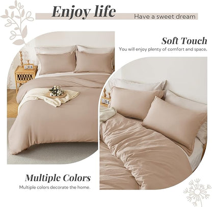 MILDLY Super Soft Duvet Cover - 100% Washed Microfiber Rugby Tan Comforter Cover Set 3 Pieces with Zipper Closure & Corner Ties (No Comforter)