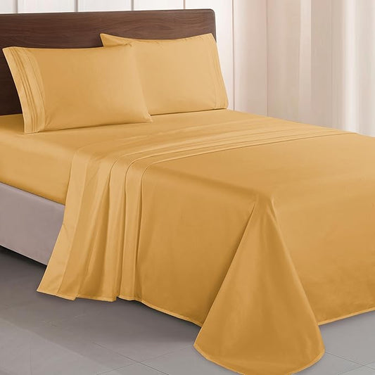 Elegant Comfort Luxurious 1500 Premium Hotel Quality Microfiber Three Line Embroidered Softest 4-Piece Bed Sheet Set, Wrinkle and Fade Resistant, Queen, Camel-Gold