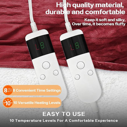 Electric Heated Blanket Queen Size 84''x90'' - Dual-Control Heating Blanket, Soft & Warm Flannel 10-Level Temperature Control, 8 Hours Auto Off, Rapid Heating & Overheat Protection