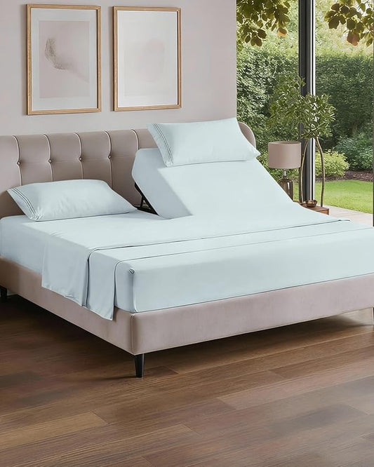 Flex Top Split Head King 4 Piece Sheet Set - Comfy Breathable & Cooling Bed Sheets Set - Hotel Luxury Bedding for Women, Men, Kids, Teens, Boys & Girls - Deep Pockets, Ultra-Soft - Oeko-Tex - Ice Blue