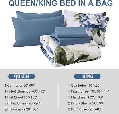 Dobuyly Blue Queen Comforter Set 7 Piece Bed in a Bag Queen, Blue Floral Print on Light Blue Comforter Set with Sheets, Soft Microfiber Complete Bedding Set for All Season