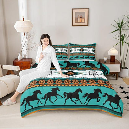 Feelyou Boho Comforter Set Queen Size Southwestern Native Aztec Comforter Bohemian Dream Catchers Bedding Set Horses Duvet Set Room Decor Azure Quilt Set