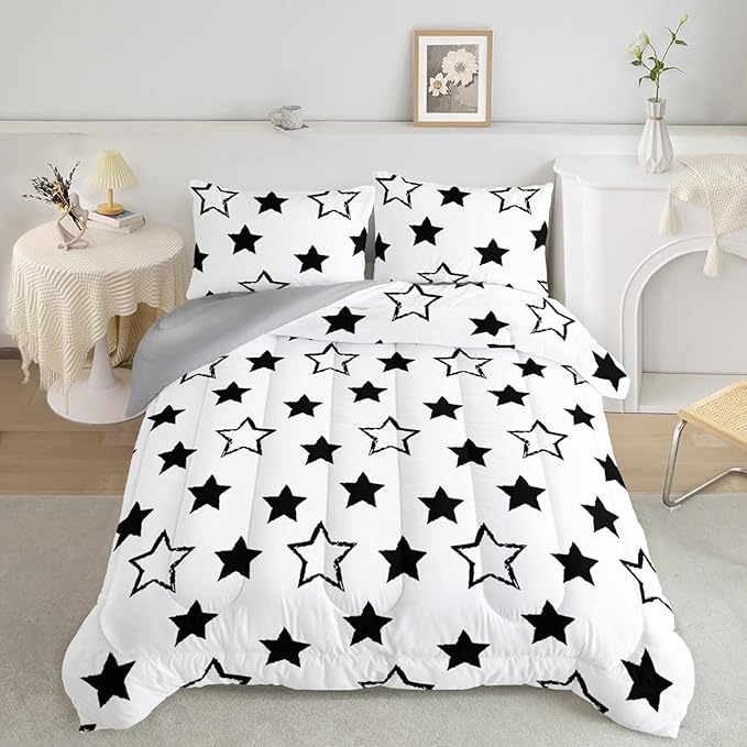 Axolotl Kids Queen Bedding Comforter Set,3Pcs Super Cute Soft Black and White Stars Quilt Set Bed in A Bag with 1 Comforter 2 Pillowcases for Kids Boys Girls Teens Adults Room Decor All Season