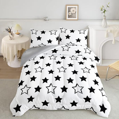 Axolotl Kids Queen Bedding Comforter Set,3Pcs Super Cute Soft Black and White Stars Quilt Set Bed in A Bag with 1 Comforter 2 Pillowcases for Kids Boys Girls Teens Adults Room Decor All Season