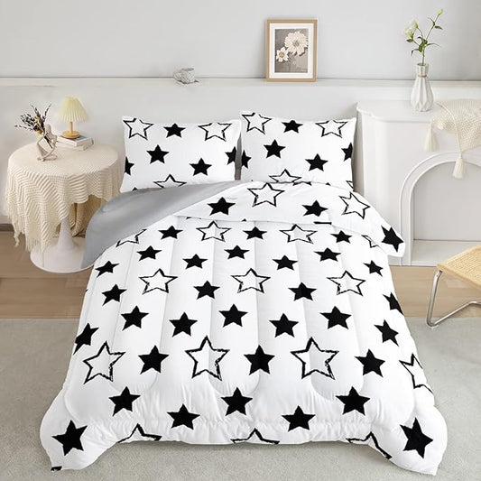 Axolotl Kids Queen Bedding Comforter Set,3Pcs Super Cute Soft Black and White Stars Quilt Set Bed in A Bag with 1 Comforter 2 Pillowcases for Kids Boys Girls Teens Adults Room Decor All Season