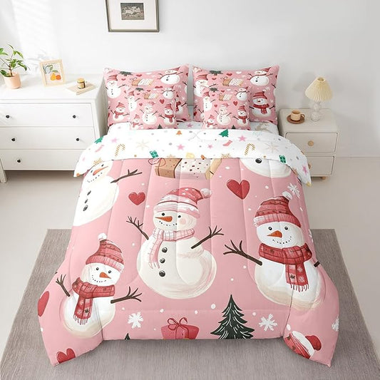 Cute Snowman Queen Comforter Set with Sheets Bed in a Bag, 7 Pcs, Christmas Trees Gifts, Red Hearts Winter Snow Bedding Sets, Flat, Fitted Sheet, Pillowcases, Pillow Covers