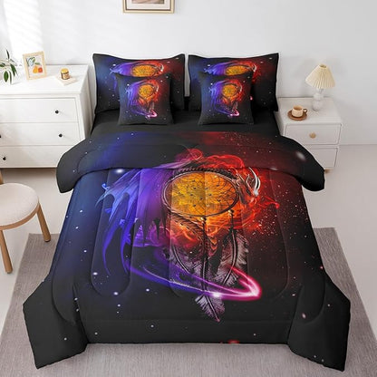 Erosebridal Gothic Dragon Dream Catchers Bed in a Bag Queen Comforter Set 7 Piece,Red Blue Galaxy Bohemian Feather Bedding Sets Antique Animal Pterosaur Sheet Set with Comforter