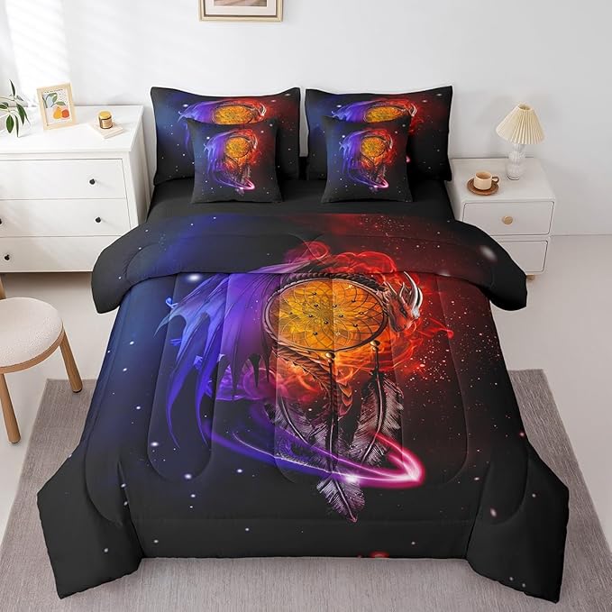 Erosebridal Gothic Dragon Dream Catchers Comforter Set 7 Piece Bed in a Bag Twin,Red Blue Galaxy Bohemian Feather Bedding Sets Antique Animal Pterosaur Sheet Set with Comforter