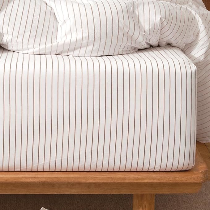 MooMee Stripes Fitted Bottom Sheet Only 100% Washed Cotton Linen Like Textured Breathable Durable Soft Comfy Deep Pocket (White Orange Wide Stripes, King)