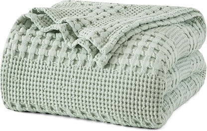 PHF 100% Cotton Waffle Weave Blanket Queen Size for Bed, Soft Lightweight & Breathable for Spring and Summer, All-Season Comfort, Luxury Aesthetic Blanket for Home Decor, 90"x90", Mint Green