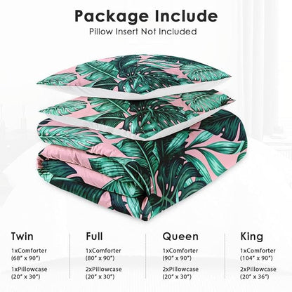 Queen Size Comforter Set with 2 Pillowcases, Tropical Green Leaves Pink Leaf Soft 3 Pcs Bedding for Kids and Adults Bedroom Bed Decor