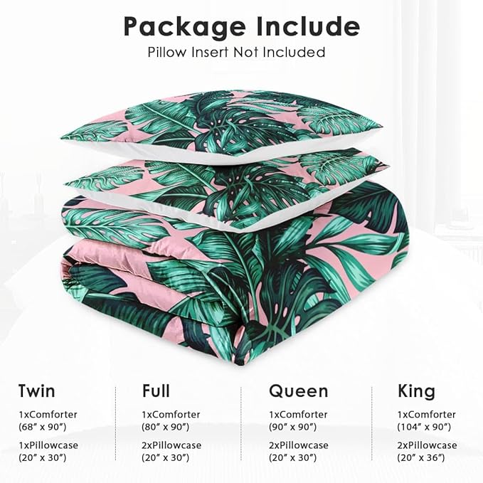 Full Size Comforter Set with 2 Pillowcases, Tropical Green Leaves Pink Leaf Soft 3 Pcs Bedding for Kids and Adults Bedroom Bed Decor