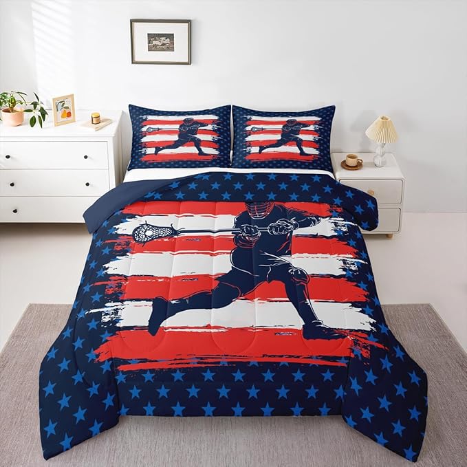 Feelyou Lacrosse Comforter Set Toddler Size Boys Gilrs American Flag Sports Theme Bedding Set for Kids Adults Ultra Soft Lacrosse Player Games Comforter Navy Blue Duvet Set Room Decor Quilt Set