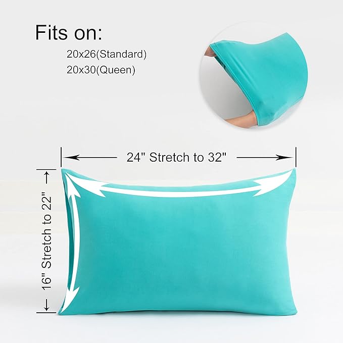 2-Pack Stretch Pillow Cases - Jersey Knit & Envelope Closure Pillowcases with Ultra Soft T-Shirt Like Polyester Blend - Suitable for Queen or Standard Size Set of 2, Aqua