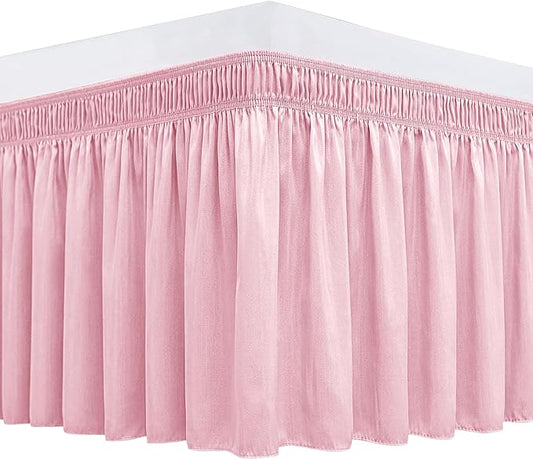 Biscaynebay Wrap Around Bed Skirts for Full & Full XL Beds 15" Drop, Pink Adjustable Elastic Dust Ruffles Easy Fit Wrinkle & Fade Resistant Silky Luxurious Fabric Machine Washable