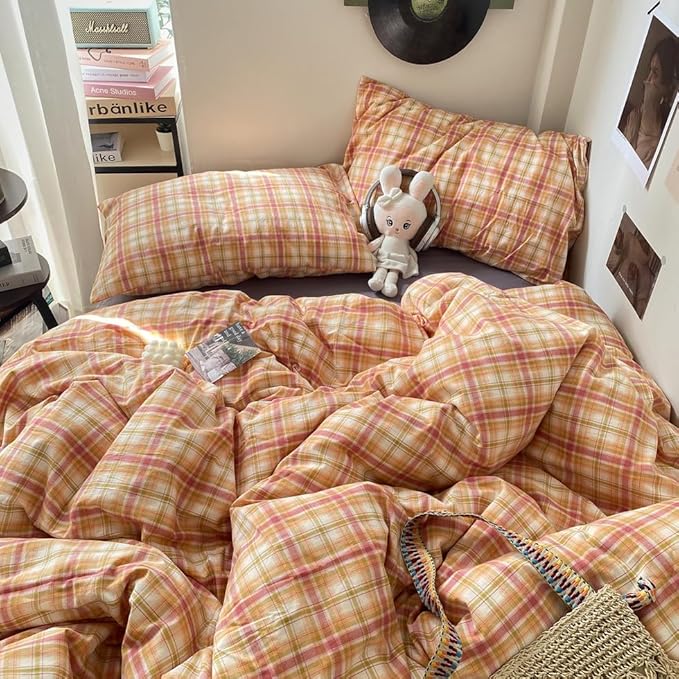EAVD Vintage Style Gingham Duvet Cover Twin Soft 100% Washed Cotton Bedding Set with Colorful Grid Checkered Reversible Plaid Bedding Set for Boy Girl Modern Grid Plaid Duvet Cover with Zipper