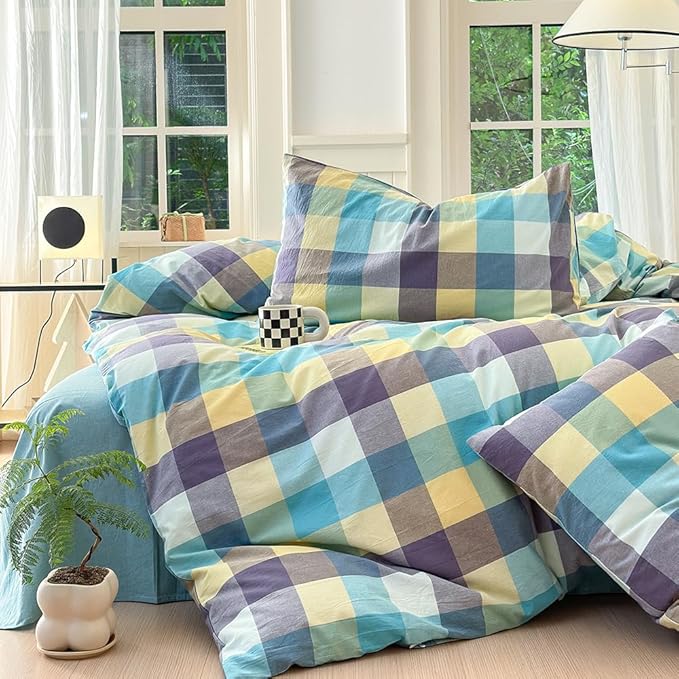FACE TWO FACE Bedding Duvet Cover Set100% Washed Cotton Duvet Cover Linen Like Textured Breathable Durable Soft Comfy (Twin, Yunxi Blue)