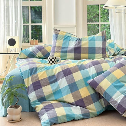 FACE TWO FACE Bedding Duvet Cover Set100% Washed Cotton Duvet Cover Linen Like Textured Breathable Durable Soft Comfy (King, Yunxi Blue)