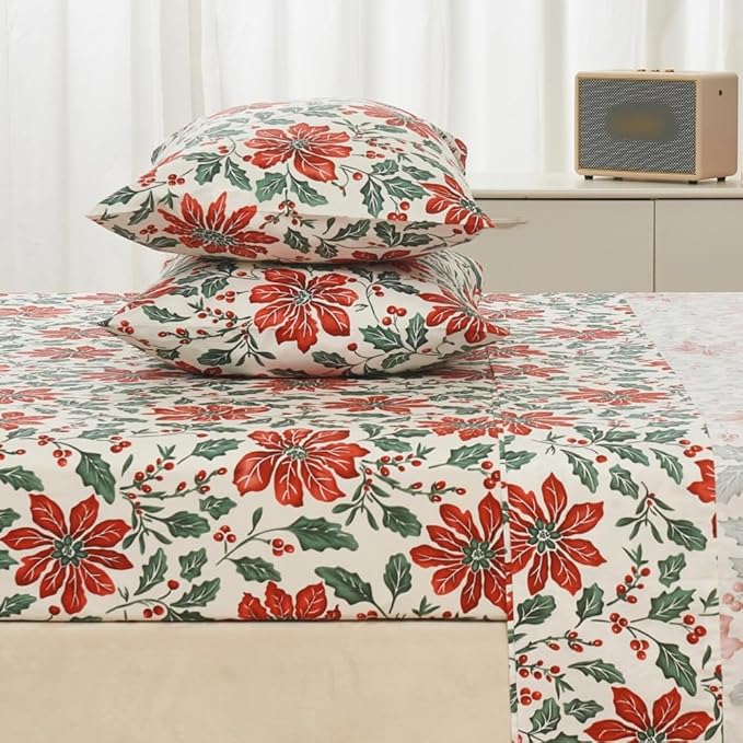 DAUAOTO Cotton Holiday Sheets Set Twin Size Printed Bedding Sets, Up to 14" Deep Mattress, Bedlinen Set Christmas Flower Pattern