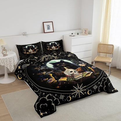 Trippy Cat Comforter Set Twin Size,Sun and Moon Kids Bedding Set Gothic Sugar Skull Crow Print Quilt Set for Girls Boys Adult Room Decor,Exotic Daisy Floral Duvet Insert,1 Pillowcase,Black