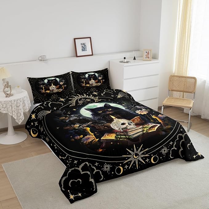 Trippy Cat Comforter Set Queen Size,Sun and Moon Kids Bedding Set Gothic Sugar Skull Crow Print Quilt Set for Girls Boys Adult Room Decor,Exotic Daisy Floral Duvet Insert,2 Pillowcases,Black