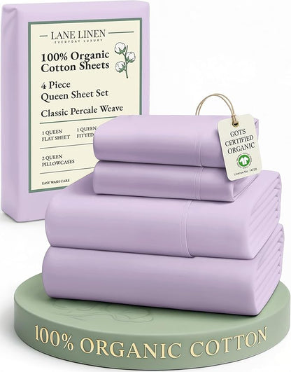 LANE LINEN 100% Organic Cotton Queen Sheets, Low Pill Fade Resistant Classic Percale Weave Bedsheets for Queen Size Bed, 15" Deep Pocket Sustainably Produced Mercerized Cotton Sheeting- Orchid Petal