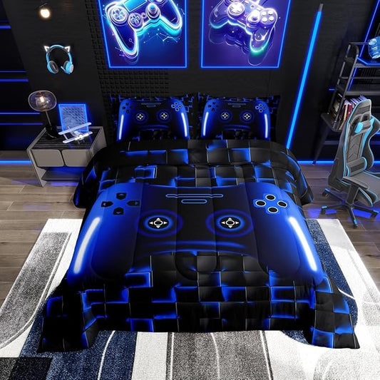 Gaming Full Size Comforter Sets For Kids Boys Teen Girls Game Controller Bedding Set 3Pcs Gamer Comforter For All Season,Blue And Black Geometric Checkered Quilt Set For Young Men,Soft Lightweight