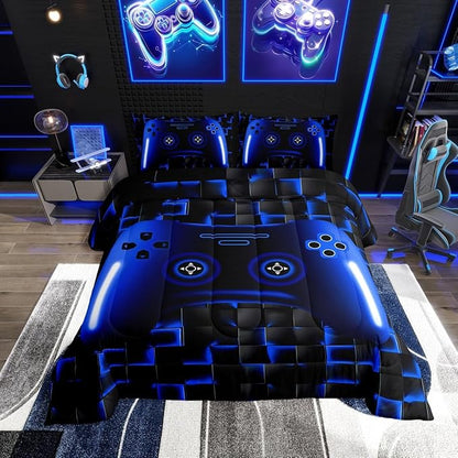 Gaming King Size Comforter Sets For Kids Boys Teen Girls Game Controller Bedding Set 3Pcs Gamer Comforter For All Season,Blue And Black Geometric Checkered Quilt Set For Young Men,Soft Lightweight