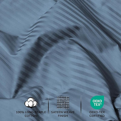 Feather & Stitch 500 TC Full Size Damask Bed Sheet Set, 100% Cotton Soft Breathable Bedsheets, 4 Piece 18" Deep Pockets Sateen Weave Striped Bedding Mattress Resort Hotel Luxury Décor - (Blue Stripe)