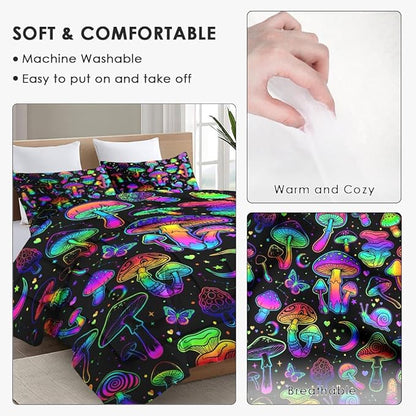 Full Size Comforter Set with 2 Pillowcases, Summer Halloween Mushroom Neon Soft 3 Pcs Bedding for Kids and Adults Bedroom Bed Decor