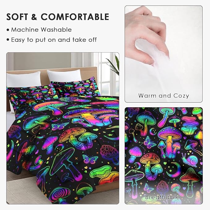 King Size Comforter Set with 2 Pillowcases, Summer Halloween Mushroom Neon Soft 3 Pcs Bedding for Kids and Adults Bedroom Bed Decor