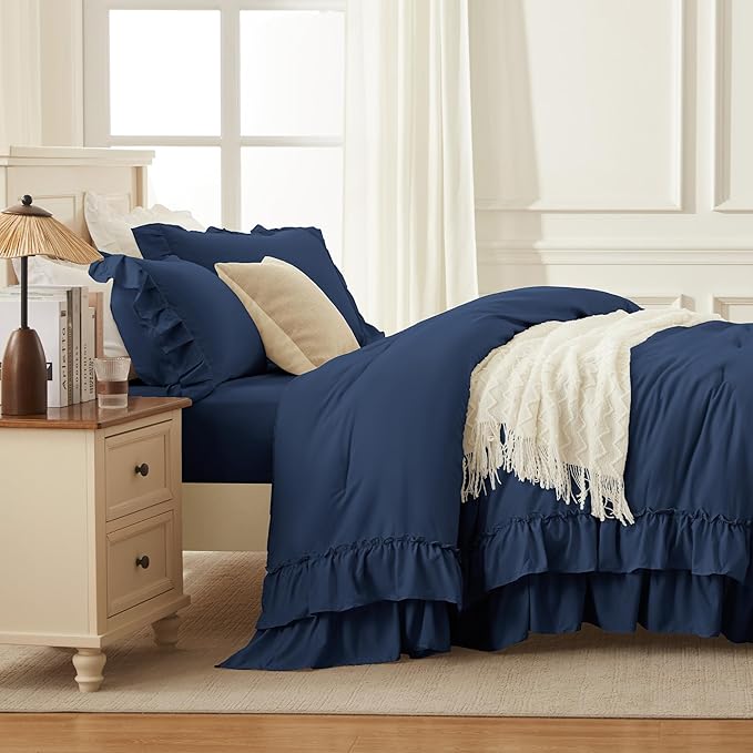 Andency Navy Blue King Comforter Set (104x90Inch), 3 Pieces Ruffle Comforter Set with 2 Pillowcases, Farmhouse Shabby Chic Lightweight Fluffy Soft Polyester All Season Bed Set
