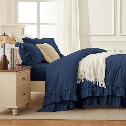 Andency Navy Blue King Comforter Set (104x90Inch), 3 Pieces Ruffle Comforter Set with 2 Pillowcases, Farmhouse Shabby Chic Lightweight Fluffy Soft Polyester All Season Bed Set