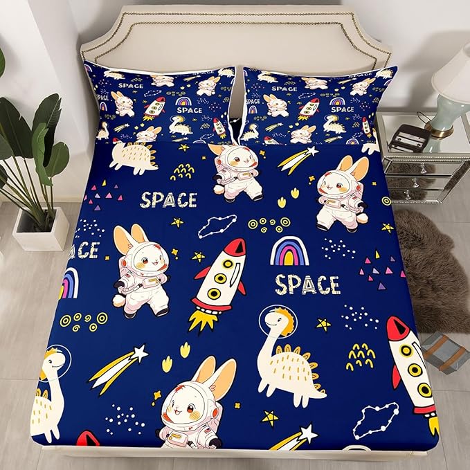 Cute Rabbits Bed Sheets Set Kids Boys Dinosaurs Fitted Sheet Cartoon Rocket Bedding Set for Bedroom Decor Starry Galaxy Navy Sheets (Full Flat Sheet & Fitted Sheet with 2 Pillow Case)