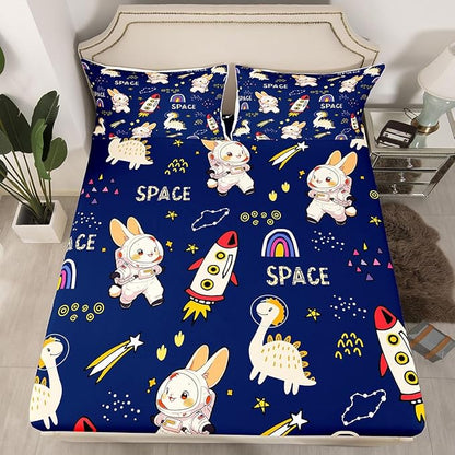Cute Rabbits Bed Sheets Set Kids Boys Dinosaurs Fitted Sheet Cartoon Rocket Bedding Set for Bedroom Decor Starry Galaxy Navy Sheets (Full Flat Sheet & Fitted Sheet with 2 Pillow Case)