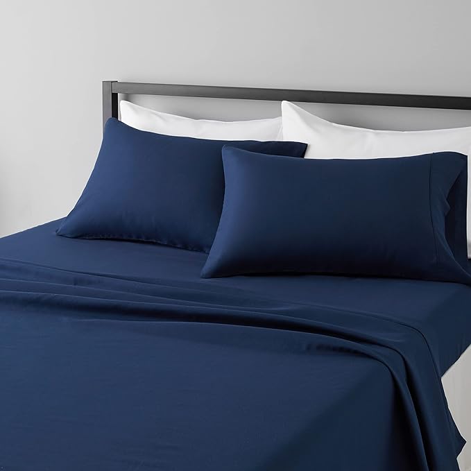 Amazon Basics Lightweight Super Soft Easy Care Breathable Microfiber 4-Piece Bed Sheet Set with 14-Inch Deep Pockets, Machine Washable, Wrinkle Resistant, King, Navy Blue, Solid