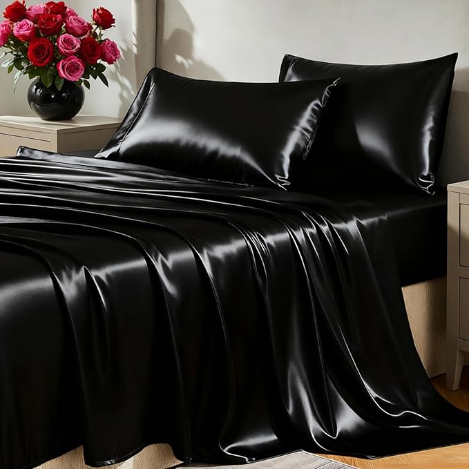 CozyLux Satin Sheets Twin Sheet Set - 3 Piece Silky Twin Bed Sheets, Luxury Black Sheet Twin Size Bed Set with Smooth and Soft Microfiber, Includes 1 Fitted Sheet, 1 Flat Sheet and 1 Pillowcase