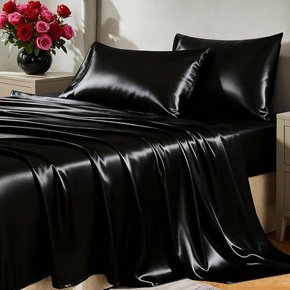 CozyLux Satin Sheets Twin XL Sheets - 3 Piece Silky XL Twin Sheet Set, Luxury Extra Long Black Sheet with Smooth and Soft Microfiber, Includes 1 Fitted Sheet, 1 Flat Sheet and 1 Pillowcase